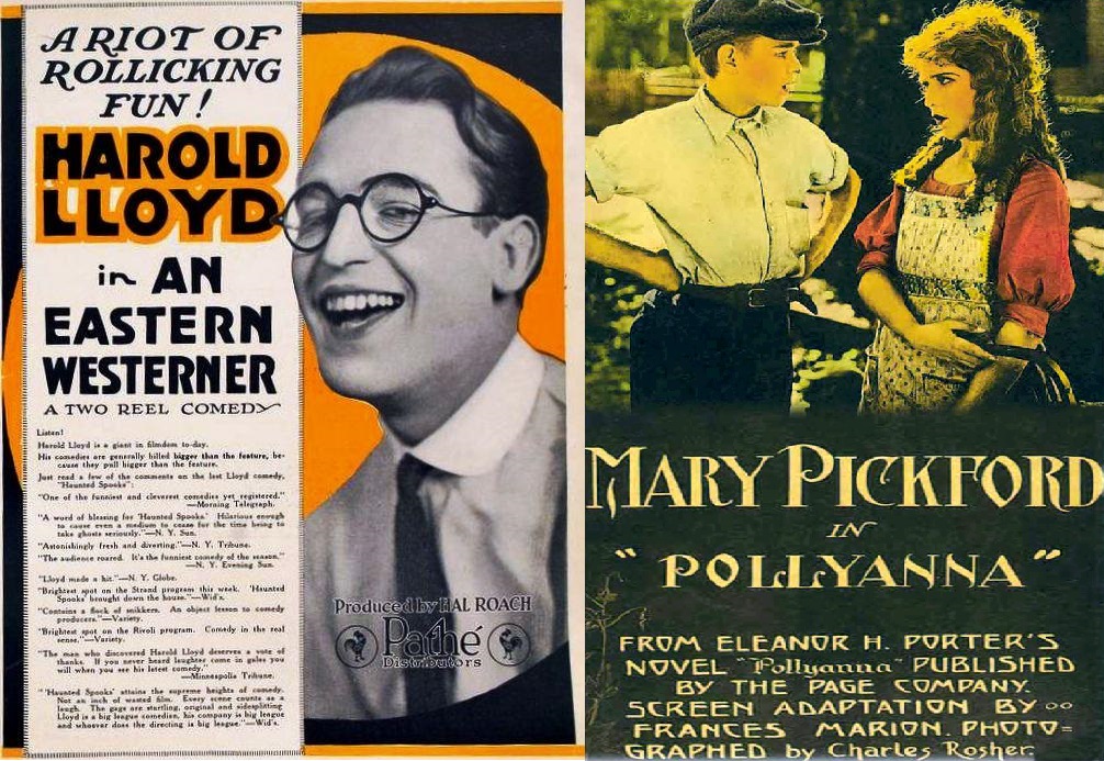 Both film posters next to each other. An Eastern Westerner's simply shows Harold Lloyd laughing. Pollyanna's shows Pollyanna (Mary Pickford) talking to Jimmy (Howard Ralston). 