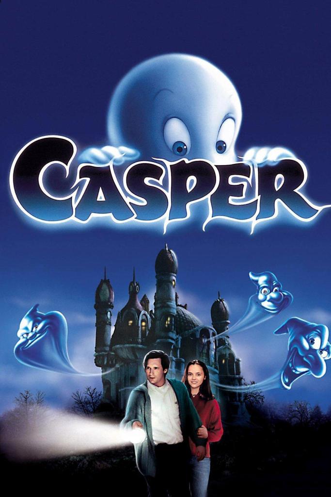 The film poster showing Casper glimpsing over the letters of his name above the manor. His three ghost uncles' heads can be seen coming out of the manor. In front of it are Dr. Harvey (Bill Pullman) and Kat (Christina Ricci). 