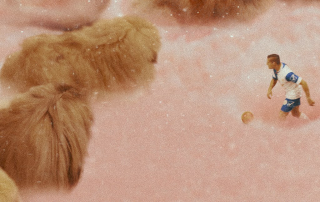 Diamantino (Carloto Cotta) playing soccer in a pink, glittering cloud against huge fluffy dogs.