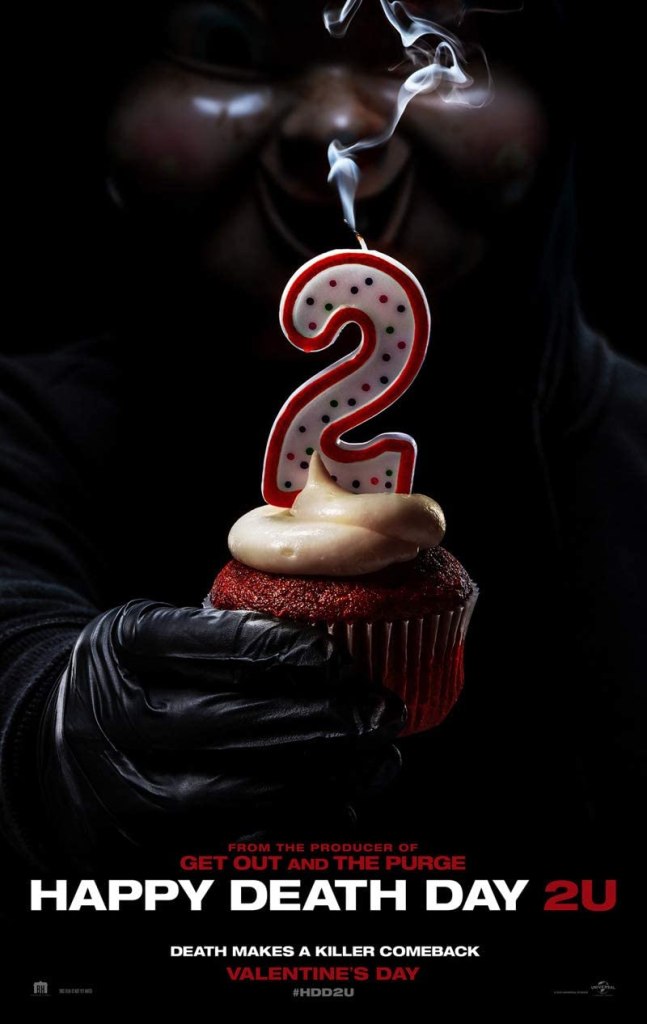 The film poster showing a masked person holding up a cupcake with a blown-up candle in the shape of a "2".