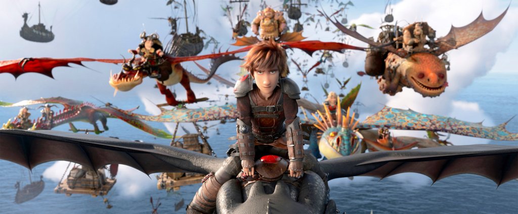 Hiccup (Jay Baruchel) riding Toothless as they lead a whole group of dragon and their riders. 