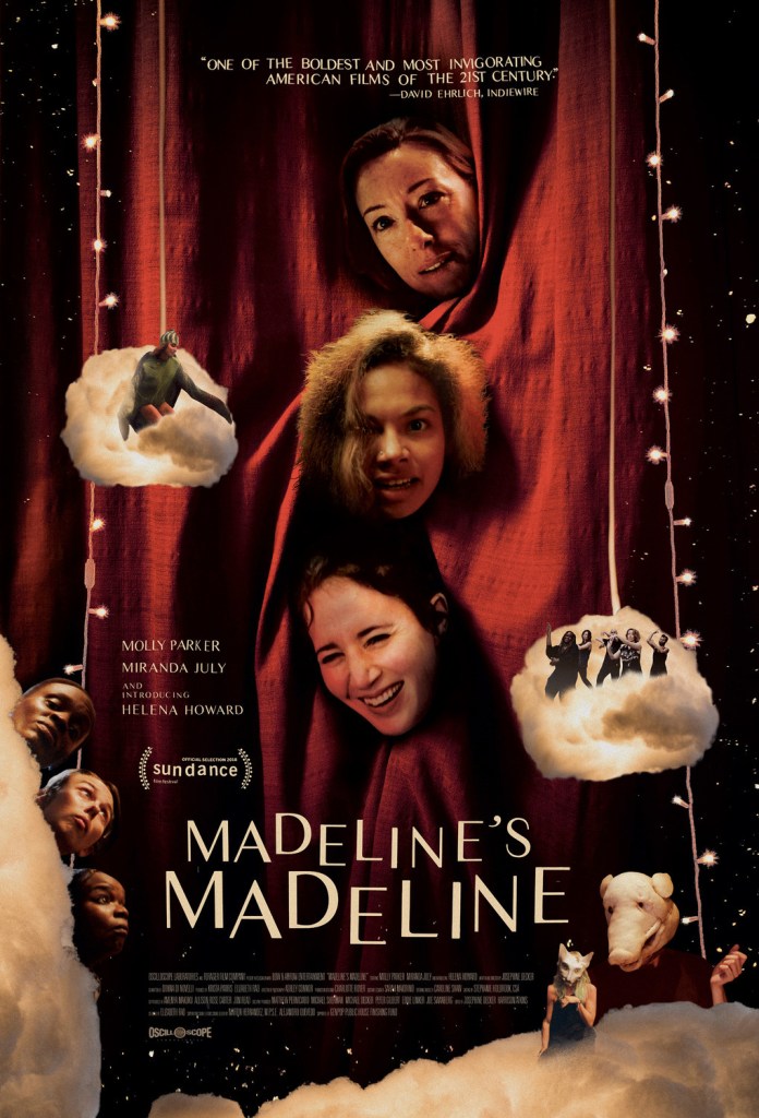 The film poster showing Evangeline (Molly Parker), Madeline (Helena Howard) and Regina (Miranda July) poking their heads through a red curtain. Around them several (much smaller) people can be seen on stage clouds, floating around them.