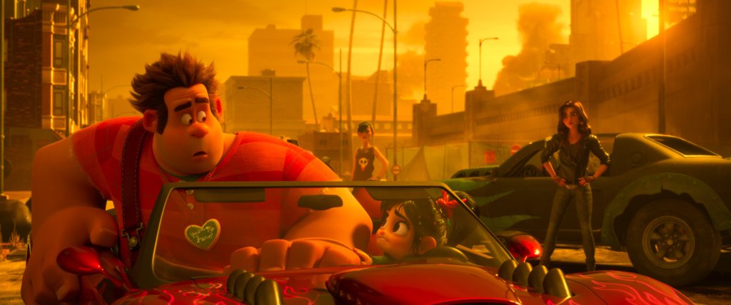 Ralph and Vanellope in a sports car, driving away from Shank.