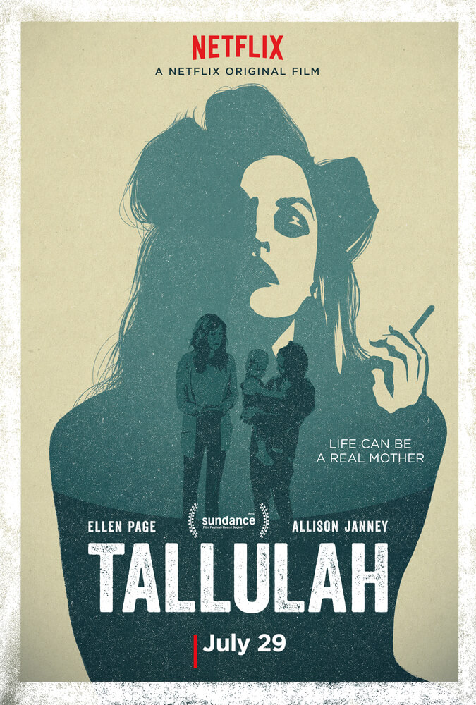 The film poster showing Tallulah (Elliot Page) cradling a toddler and talking to Margo (Allison Janney). They are placed inside the shape of Carolyn (Tammy Blanchard) smoking a cigarette.