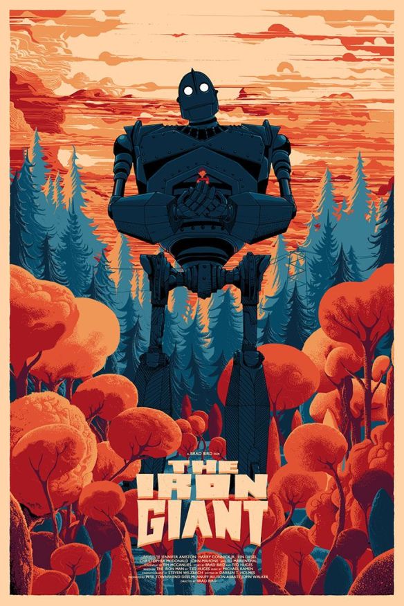 The film poster showing the Iron Giant, a huge robot, standing in a forest, cradling Hogarth in his hands.