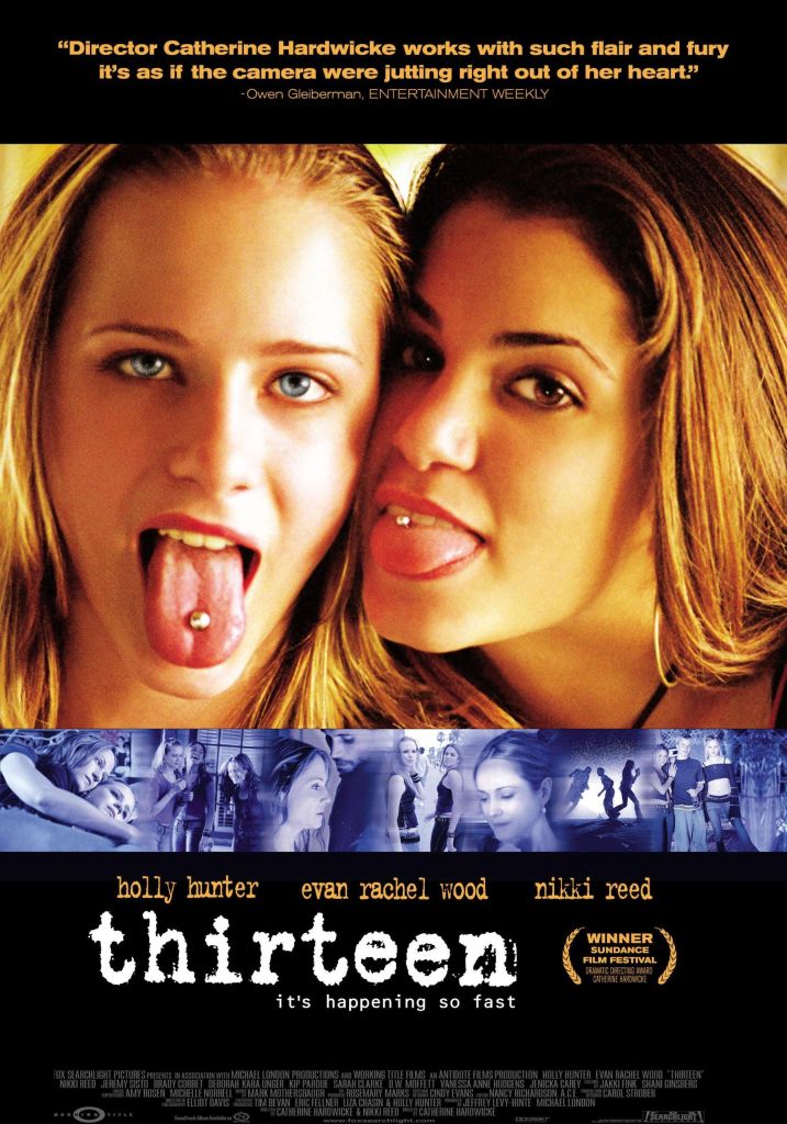 The film poster showing Tracy (Evan Rachel Wood) and Evie (Nikki Reed) sticking out their tongues to show off their tongue piercings.