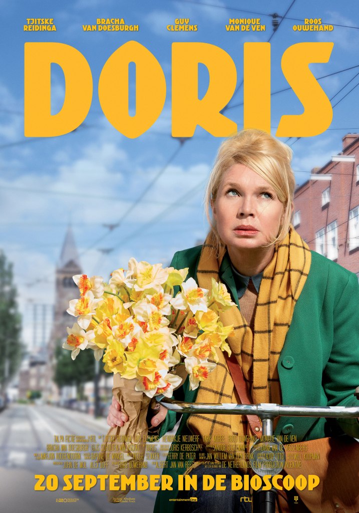 The film poster showing Doris (Tjitske Reidinga) on a bicycle with a bunch of flowers.