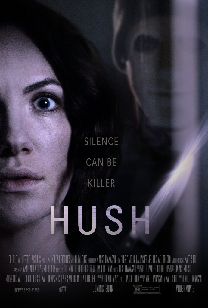 The film poster showing Maddie (Kate Siegel) with scared eyes, behind her a masked man (John Gallagher Jr.). A knofe is glinting between them.