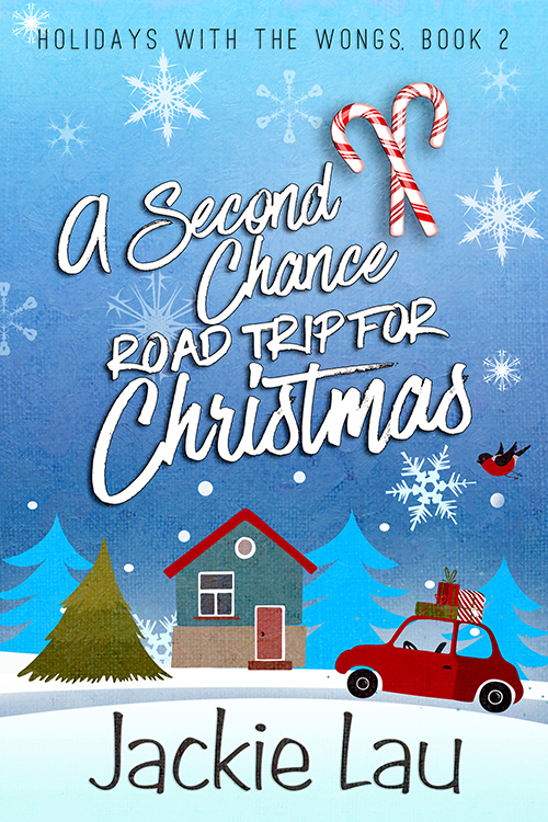 The book cover showing a car with presents on the roof in front of a house with a pine tree next to it.