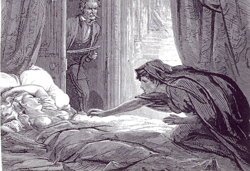 An etching of a hooded woman leaning over a half-naked sleeping woman, reaching for her as a man enters the room with a sword in hand.
