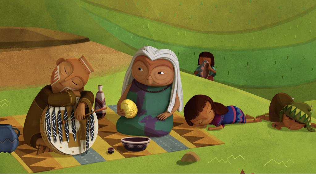 Shaman and kids sleepping with Walumama holding the Huaca.