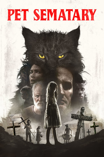 The film poster showing a drawing of a cat. In the cat shape we can see the faces of the main characters. Below them are several cemetery crosses and children. 
