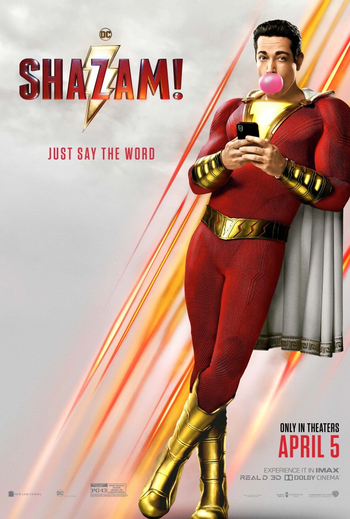 The film poster showing Shazam (Zachary Levi) leaning against a wall, phone in hand, popping a pink gum bubble.