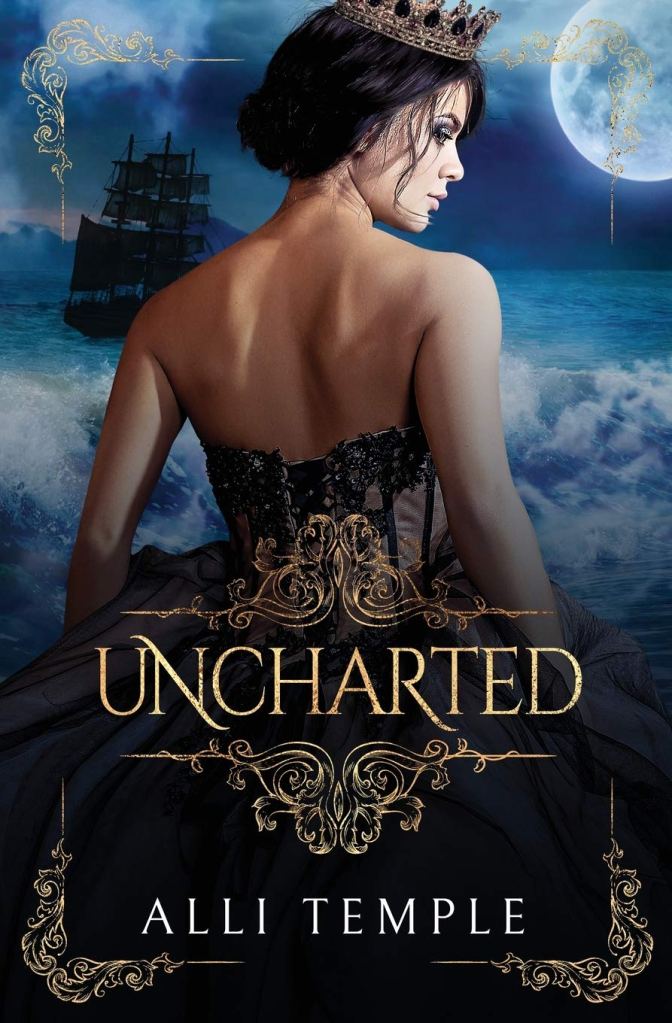 The book cover showing a dark-haired woman with a crown and ball gown, her back towards the camera. Behind her we can see a big sailboat and the sea.