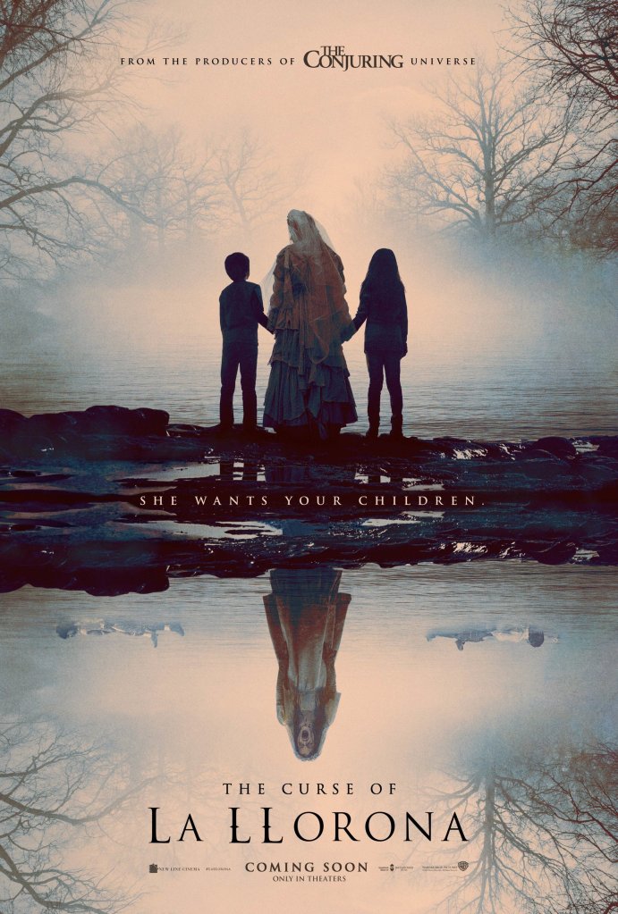 The film poster showing La llorona (Marisol Ramirez) holdin hands with two children at the edge of the lake. Reflected in the lake we can see her screaming and the children floating next to her. 