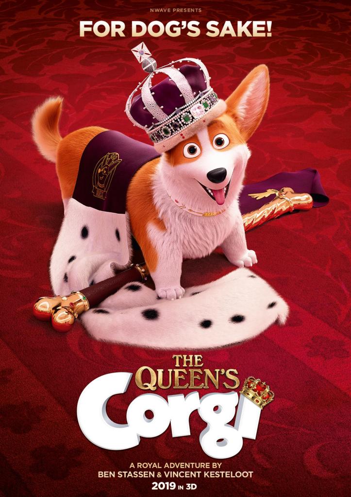 The film poster showing the corgi Rex with a crown, scepter and royal purple. 