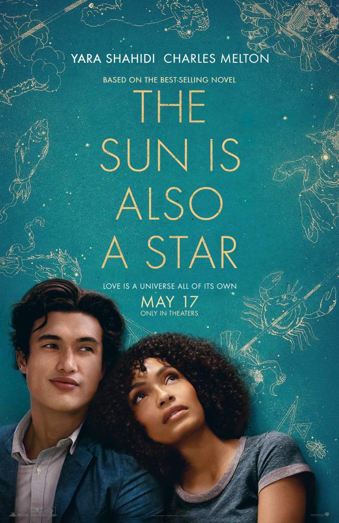 The film poster showing Natasha (Yara Shahidi) leaning against Daniel (Charles Melton). Behind them are star signs.