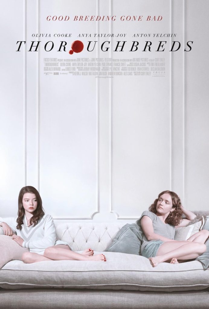 The film poster showing Lily (Anya Taylor-Joy) and Amanda (Olivia Cooke) sitting as far away from each other as possible on a white couch in a white room wearing white and gray.