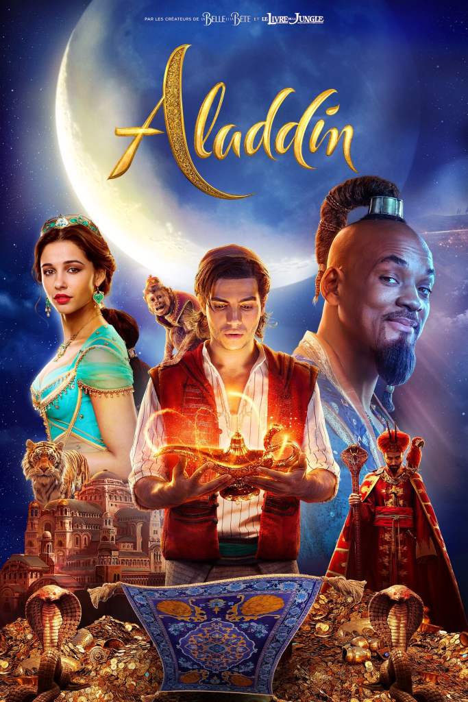 The film poster showing Alddin (Mena Massoud) holding a magic lamp in his hands, a monkey on his shoulder. Behind him are Princess Jasmine (Naomi Scott) and the Genie (Will Smith), as well as a small Jafar (Marwan Kenzari). Below him is a flying capret and treasure.