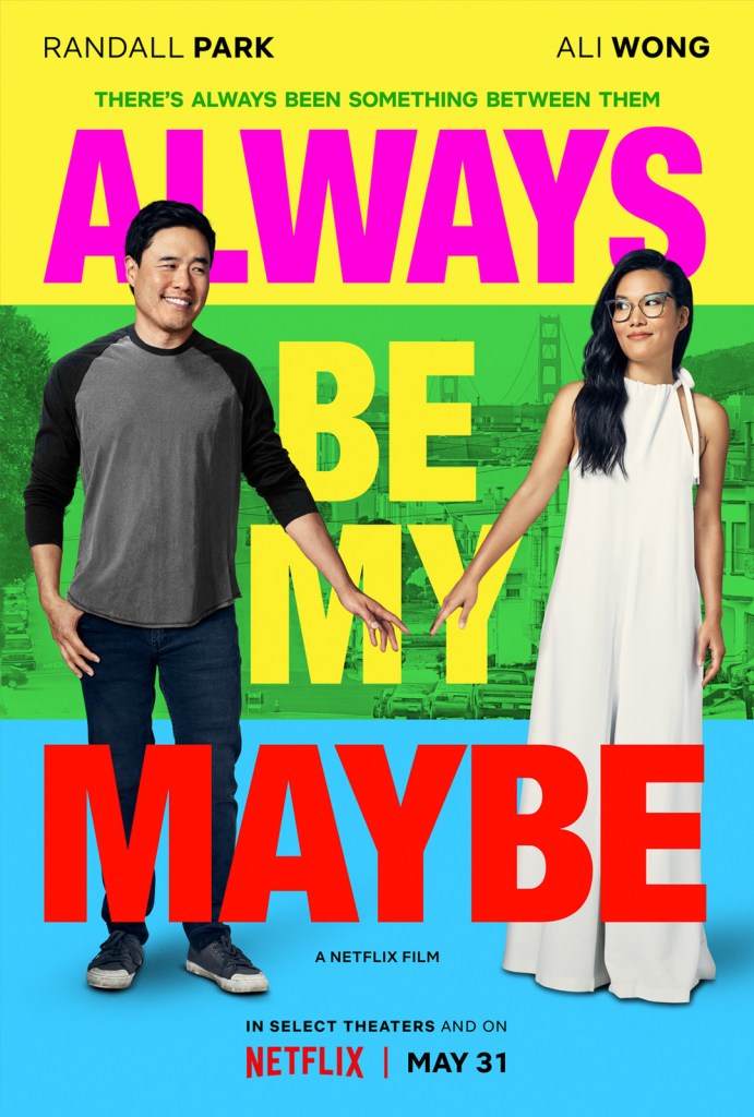 The film poster showing Marcus (Randall Park) and Sasha (Ali Wong) standing with some distance between them, but their hands casually reaching for each other. 