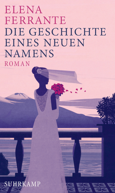The book cover showing an illustration of a woman in a bridal gown standing on a balcony over the sea, her veil blowing in the wind together with petals from her bouquet. 