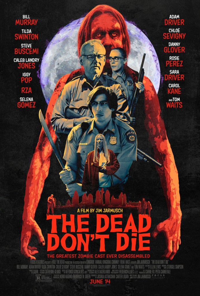 The film poster showing a full moon behind Iggy Pop as a zombie behind Mindy (Chloë Sevigny) behind Cliff (Bill Murray) behind Ronnie (Adam Driver) behind a small Zelda (Tilda Swinton).