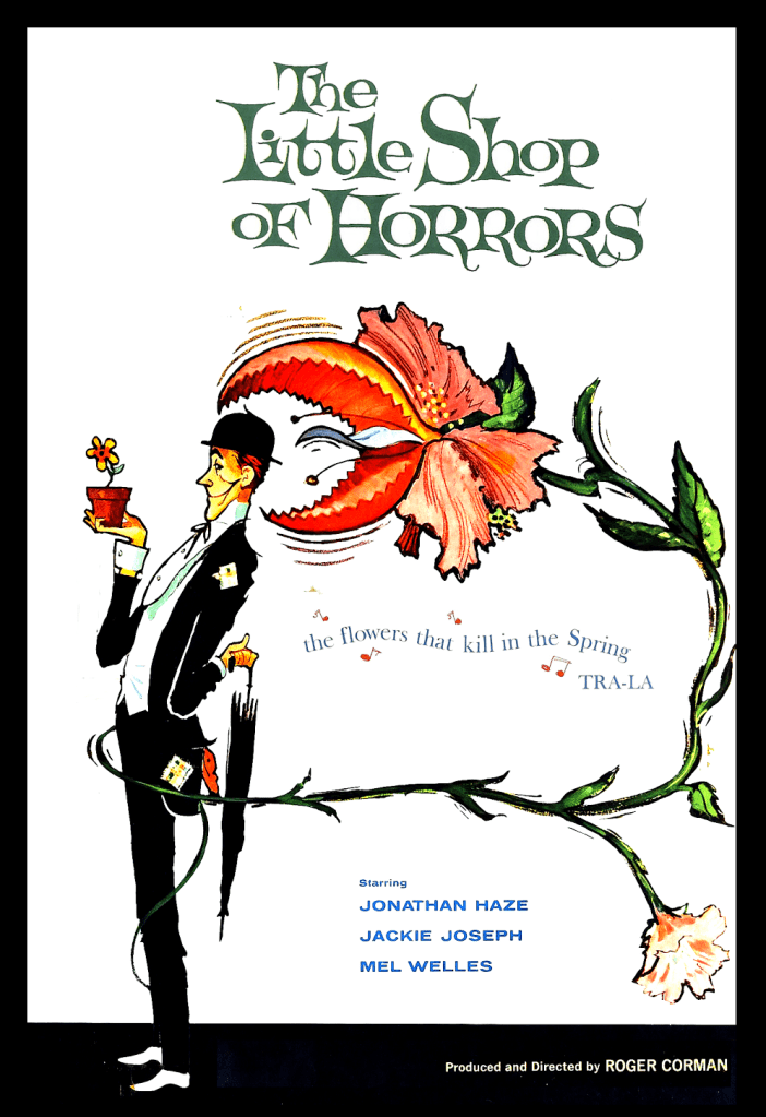 The film poster showing the drawing of a man holding a small potted flower. There is a vine around his feet that goes to a huge flower that is about to bite his head off.
