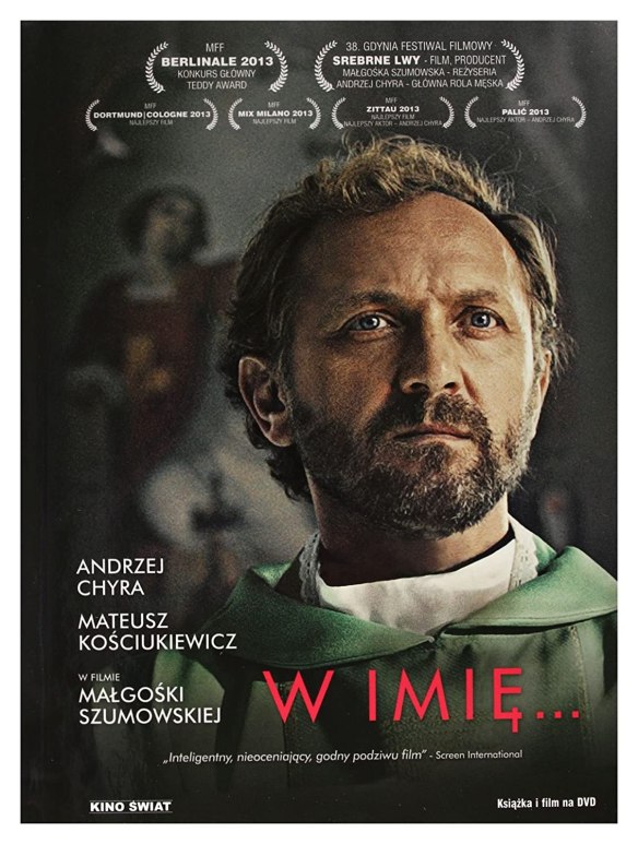 The film poster showing Adam (Andrzej Chyra) in priest's robes, a painting of a saint vaguely in the background.