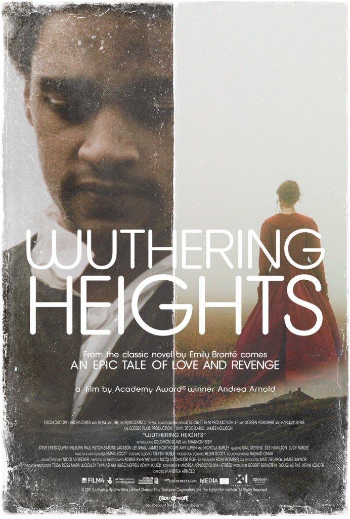 The film poster showing Heathcliff (James Howson) in a close-up and Catherine (Kaya Scodelario) walking away in two separate images.