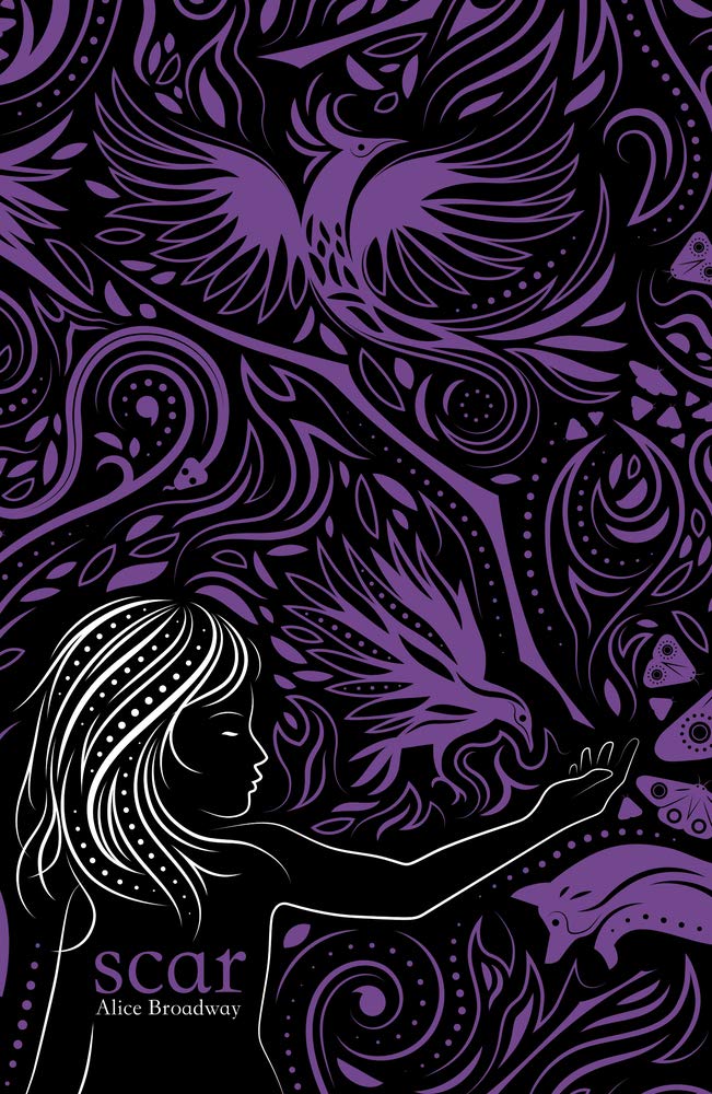 The book cover that is covered in purple tattoo-like markings, showing two birds, a snake, a fox, butterflies and a girl in white instead of red, stretching her arm toward one of the birds.