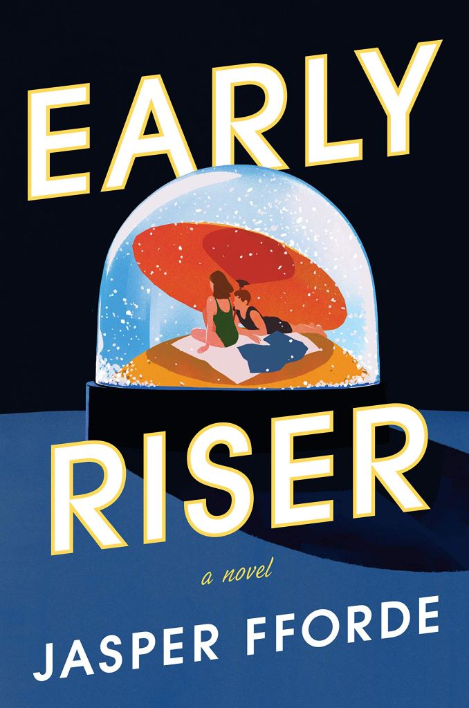The book cover showing a snow globe with two people in bathing suits on the beach beneath a big umbrella. 