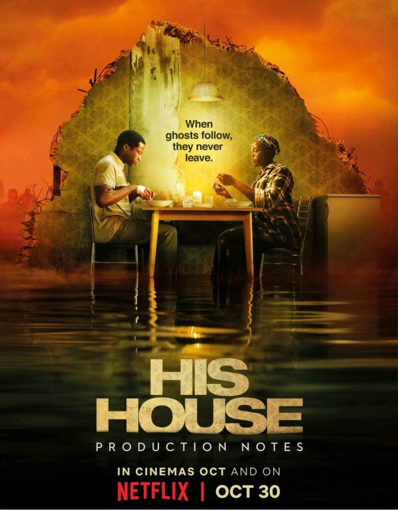 The film poster showing Bol (Sope Dirisu) and Rial (Wunmi Mosaku)  having dinner in a piece of kitchen that is floating on water. 