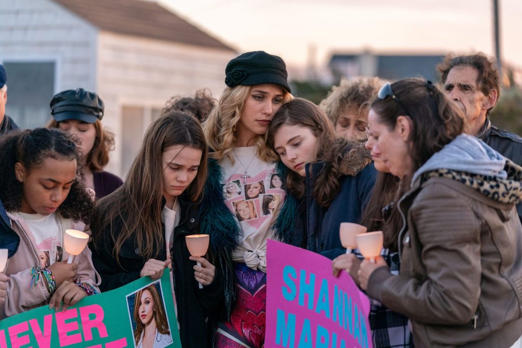 Sarra (Oona Laurence), Kim (Lola Kirke) and Sherre (Thomasin McKenzie) at a vigil for their sisters.