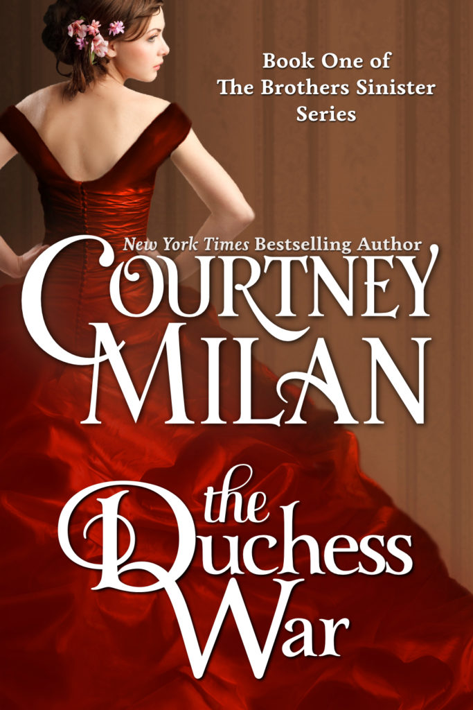 The book cover showing a woman from behind, in a red dress with a huge skirt. She has flowers in her hair.