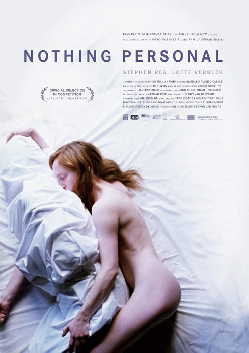 The film poster showing Anne (Lotte Verbeek) spooning Martin (Stephen Rea). She is naked, he is covered completely by a white sheet.