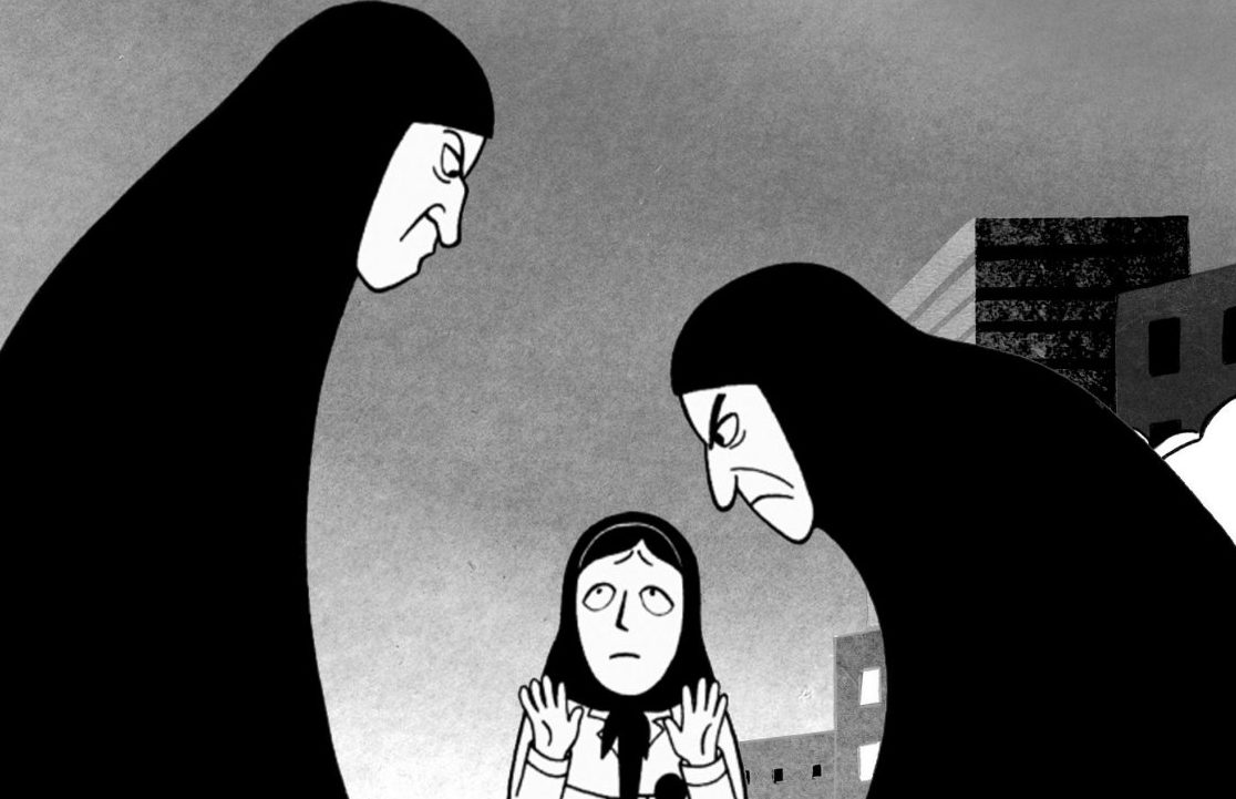 Marjane getting accosted by two women in Iran who take offense at her clothing.