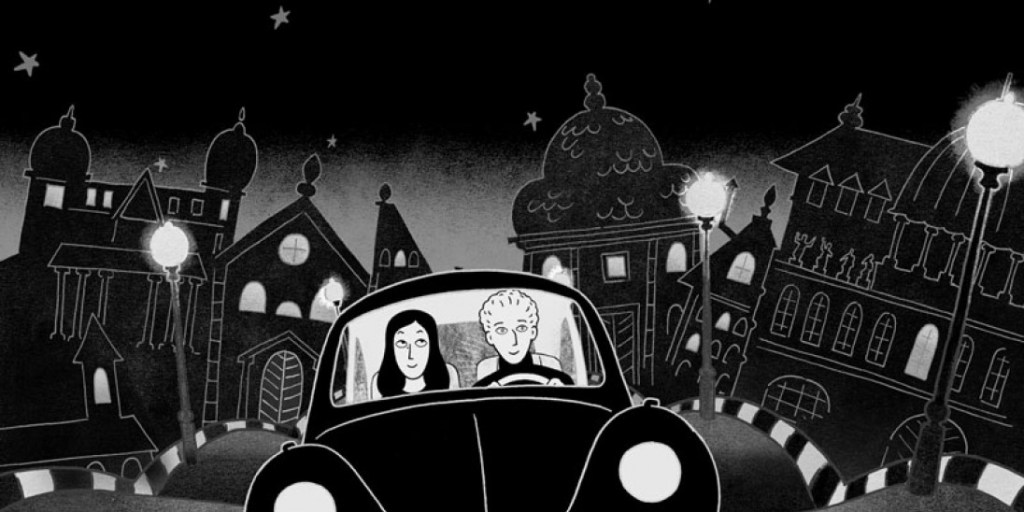 Marjane riding in the car with her Austrian boyfriend.