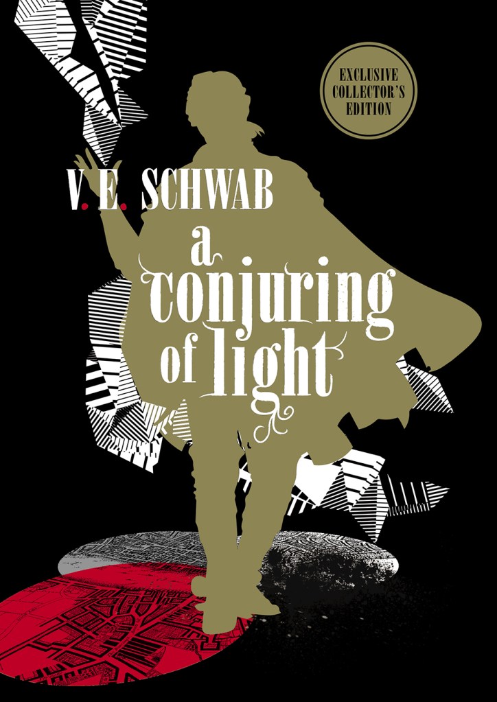 The book cover showing the shape of a man in a cape walking through a black, white and red background.