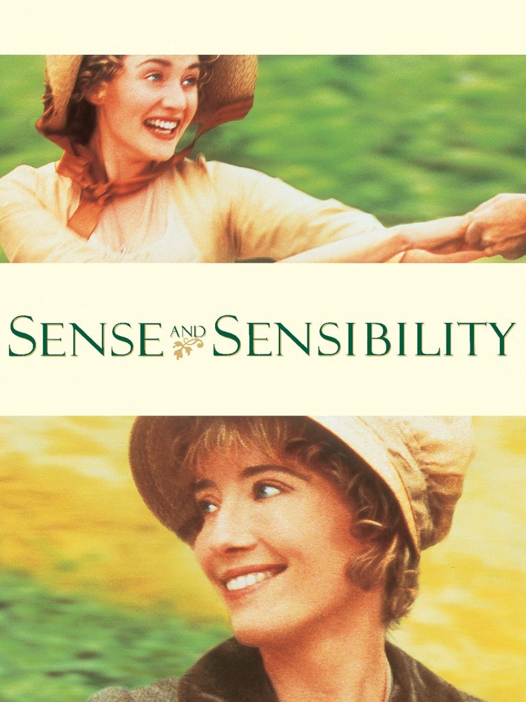 The film poster showing Marianne (Kate Winslet) in one image as she laughs, and Elinor (Emma Thompson) in another image, smiling softly.