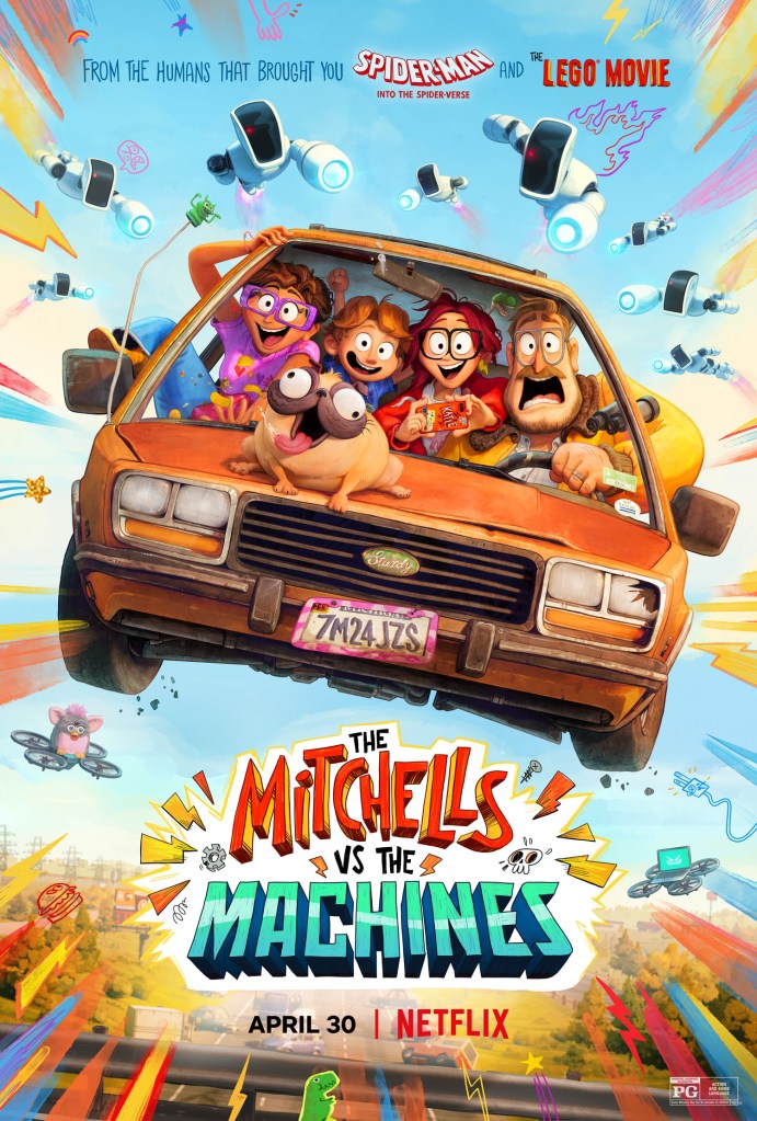 The film poster showing the Mitchell family in their car, flying through the air, their pug sitting outside on the hood.