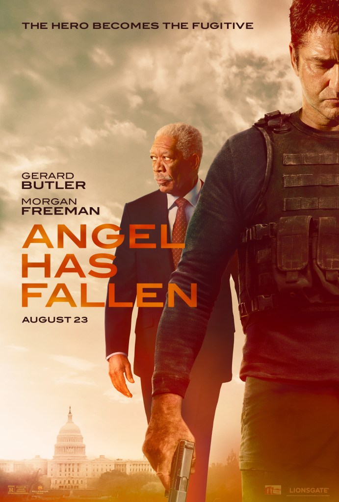 The film poster showing Mike Banning (Gerard Butler) in the front, wearing an armored vest and holding a gun. Behind him walks President Trumbull (Morgan Freeman).