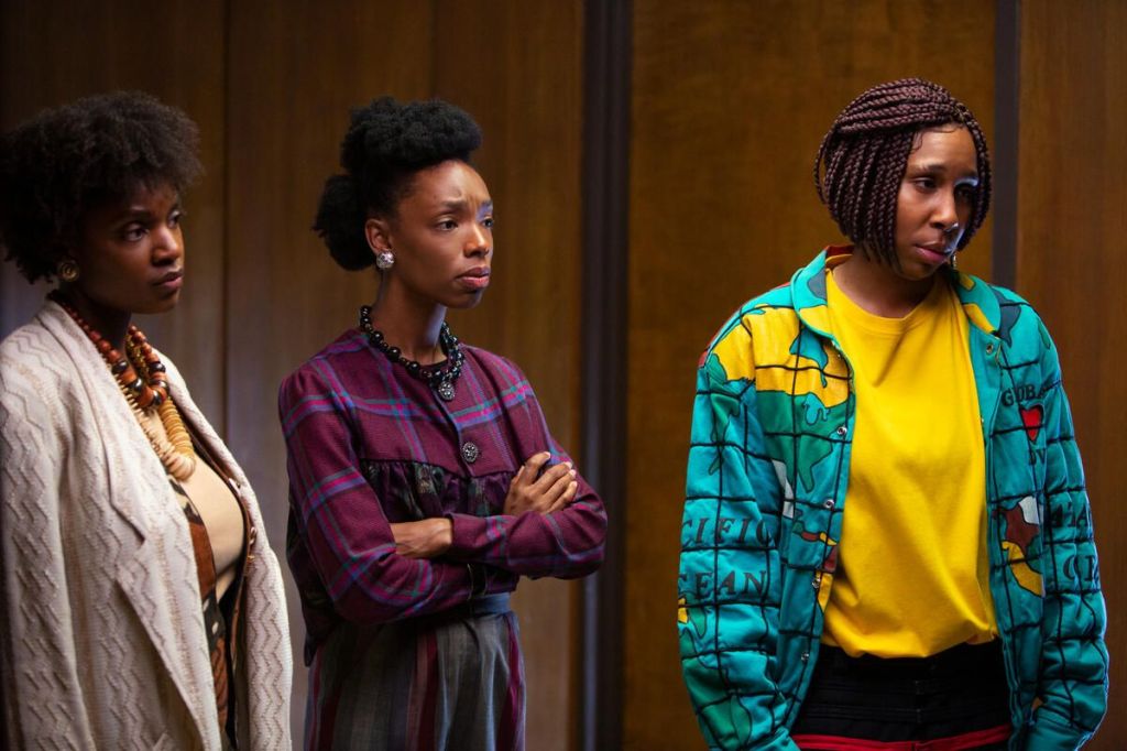 Anna (Elle Lorraine) and her colleagues Sista Soul (Yaani King Mondschein) and Brook-Lynne (Lena Waithe) looking doubtful.