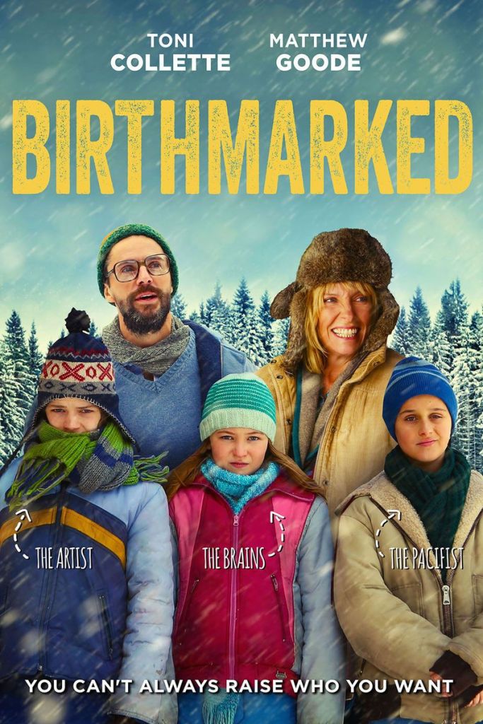 The film poster showing Catherine (Toni Collette), Ben (Matthew Goode), Luke (Jordan Poole), Maurice (Anton Gillis-Adelman) and Maya (Megan O'Kelly) in winter gear, standing outside.