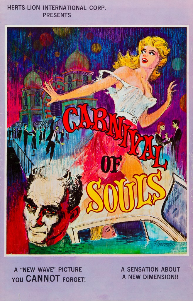 The film poster showing a drawing of a woman running from something. Behind her we can see a carnival building with dancers in front of it. Below her is the woman in a car that is half-submerged in water, as well as the head of a man.