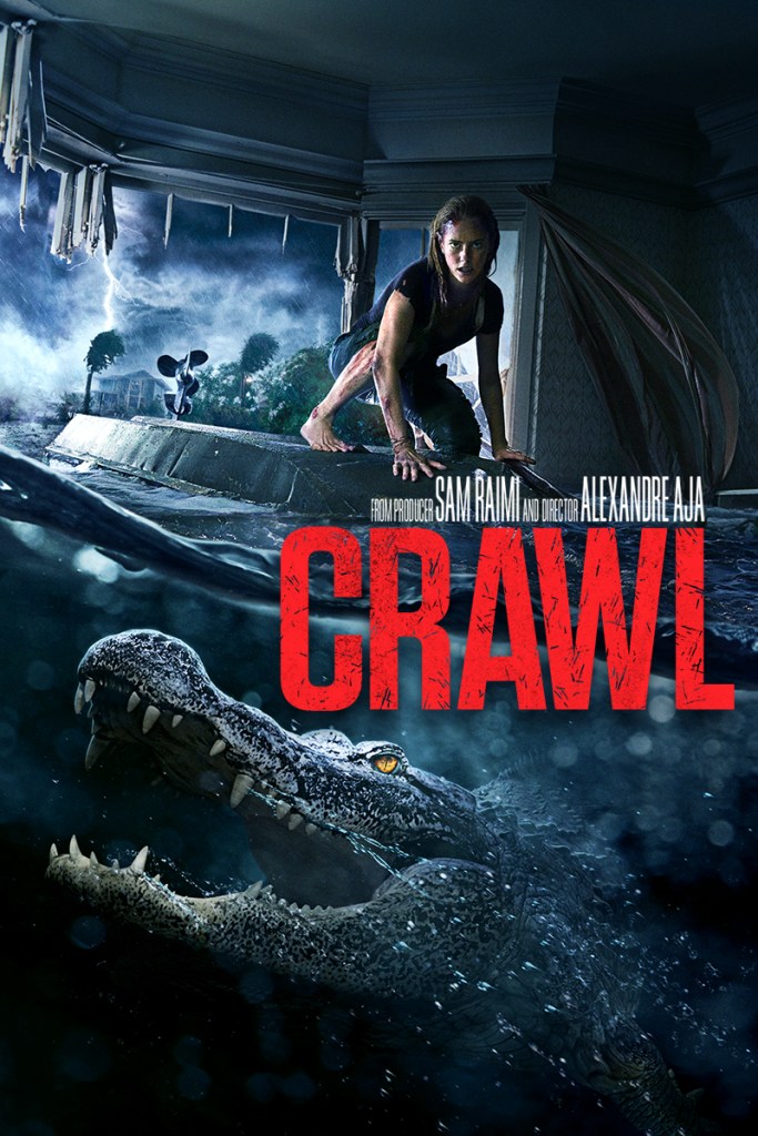 The film poster showing Haley (Kaya Scodelario) balancing on an overturned boat that is floating in a flooded living room. In the water is a huge alligator.