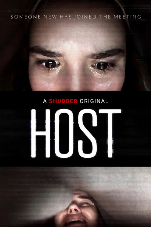 The film poster showing Haley's (Haley Bishop) eyes brimming with tears at the top and Emma (Emma Louise Webb) hiding under a bedsheet at the bottom.