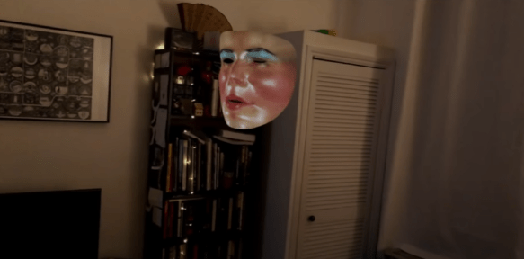 A face filter mask floating in thin air.