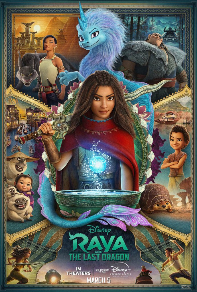 The film poster showing Raya standing in the middle, with Sisu above her. The rest of the image is separated in five parts, four representing one of the film countries and the fifth showing Raya and Namaari charging each other.