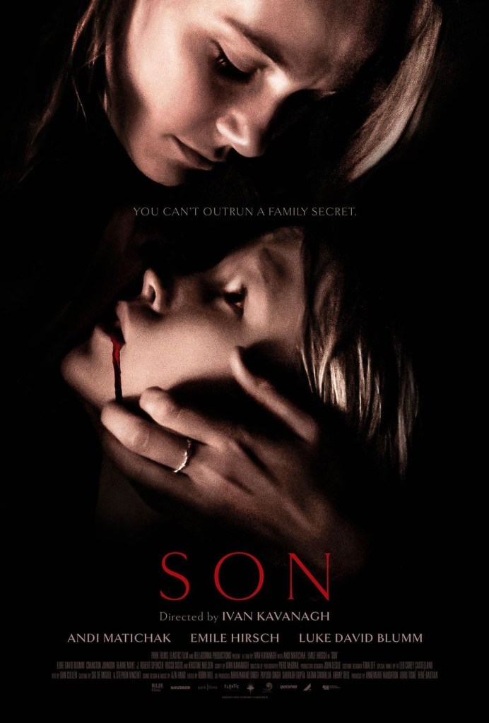 The film poster showing Laura (Andi Matichak) cradling her son David (Luke David Blumm) who has blood trickling from his mouth.