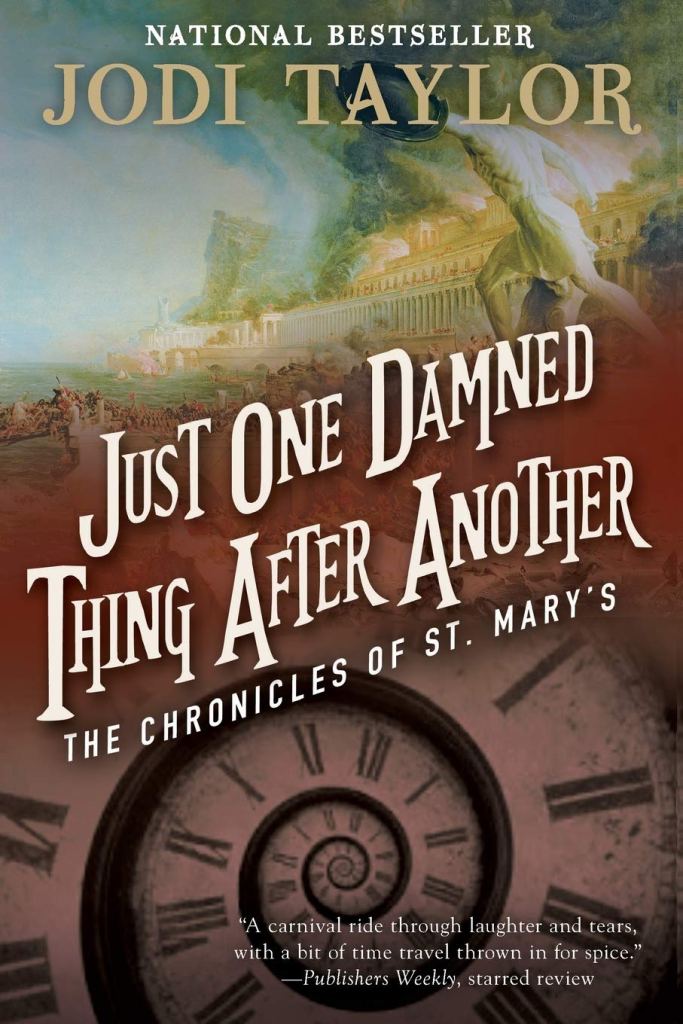 The book cover showing a burning antique city and a watchface that is not a circle but a spiral.